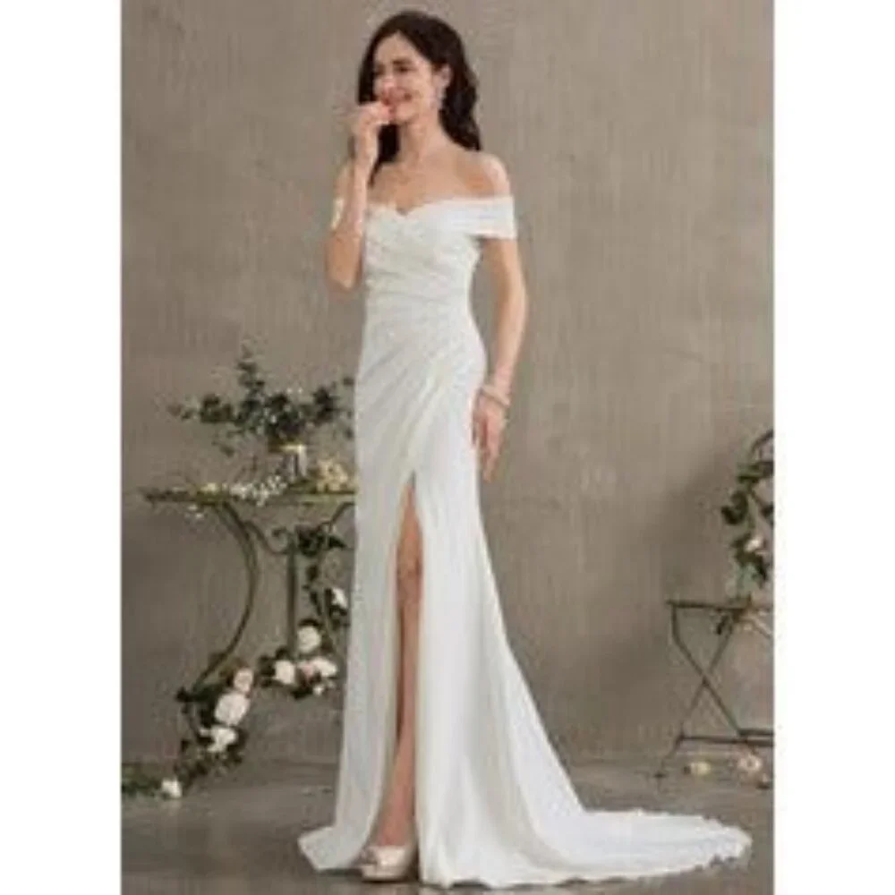 Side Ruched Off Shoulder Wedding Gown - Picture 6 of 6